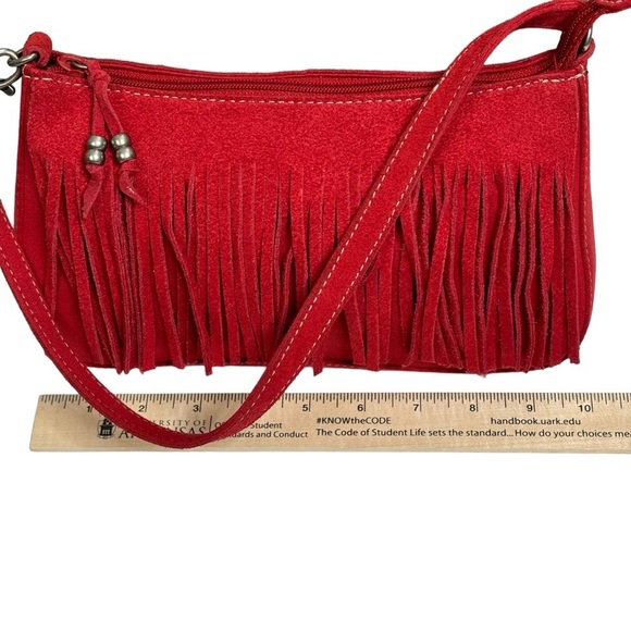 NINE WEST Red Fringed Leather Suede Small Size Handbag Measurements Below NEW - Picture 7 of 14